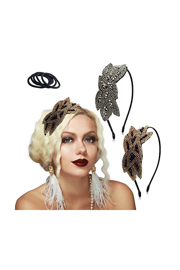 1920s Bandeau, Taille S Gatsby Bandeau Feuille Perles Cristal Vintage des Années 1920 Clapet Bandeau pour Les Femmes 1pcs, av
