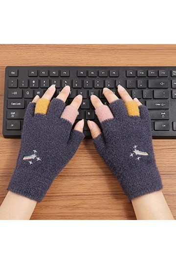 Liyinco Gants sans Doigts Arc-en-Ciel brodés Mignons pour Femmes, Gants sans Doigts en Peluche Chauds dhiver, Gants tricotés