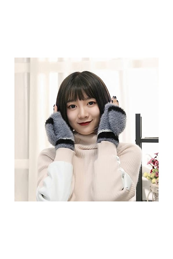 Liyinco Cute Lady Colorblock Gants sans Doigts en Peluche, Gants sans Doigts en Peluche Chauds pour lhiver, Gants sans Doigt