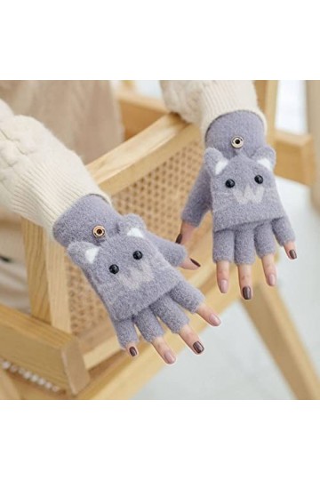 Liyinco Gants sans Doigts en Peluche Chat Mignon dhiver, Gants sans Doigts en Tricot Chaud pour Dames, Gants Demi-Doigts pou