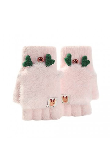 Gants dhiver chauds en velours - Gants chauds et doux - Motif tête de cerf - Gants doux et chauds - Moufles pour femme rose