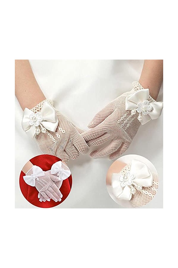 Modis Gants en dentelle avec nœud en maille et perles pour fille, fournitures de fête, anniversaire, cérémonie, couronnage, a