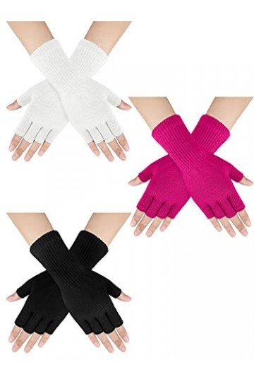 3 Paires Gants sans Doigts dHiver Neutres Mitaines Chauffe-Poignets Longues Côtelées Noir, Rouge Rose, Blanc 