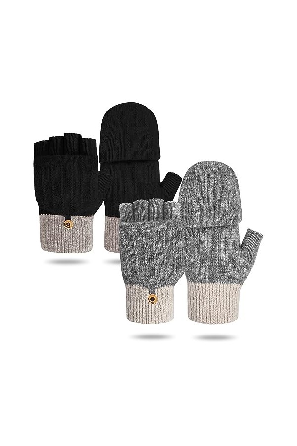 Justay Sowarm Gants Chauds Dhiver Pour Femmes Mitaines En Tricot Convertibles Bouton Doux Gants Demi-Doigts Pour La Conduite