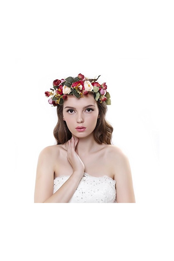 Ever Fairy® Couronne de fleurs, bandeau avec ruban réglable pour femmes, filles, accessoires pour cheveux - - Taille unique
