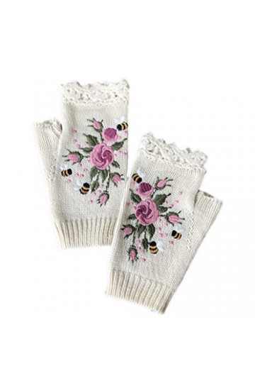 Mitaines dhiver tricotées au crochet pour femme avec motif floral et abeille brodé, moufles extensibles [poignets côtelés et