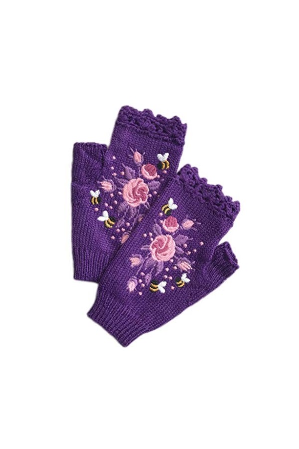 Mitaines dhiver tricotées au crochet pour femme avec motif floral et abeille brodé, moufles extensibles [poignets côtelés et