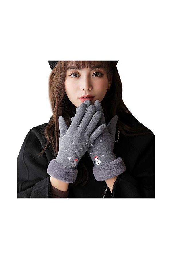 Gants épais et chauds en peluche pour femme Motif bonhomme de neige Gris Taille unique