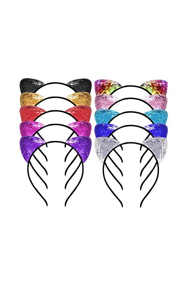 Bandeau de Chat Couleurs Assorties Serre-Tête Oreilles Bandeau à paillettes Brillant Décoration de fête pour Fille Enfant 10P