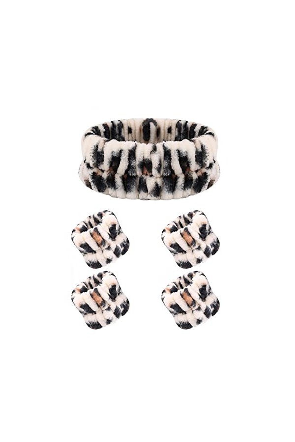 Yukago Lot de 4 bracelets absorbants et 1 bandeau extensible pour femme spa ou lavage du visage léopard couleur claire
