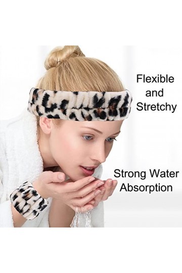 Yukago Lot de 4 bracelets absorbants et 1 bandeau extensible pour femme spa ou lavage du visage léopard couleur claire