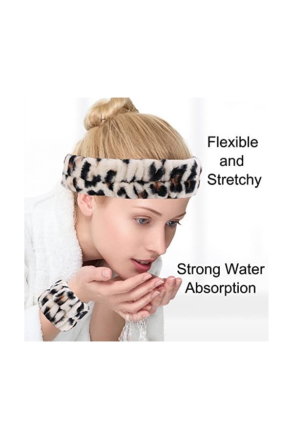 Yukago Lot de 4 bracelets absorbants et 1 bandeau extensible pour femme spa ou lavage du visage léopard couleur claire