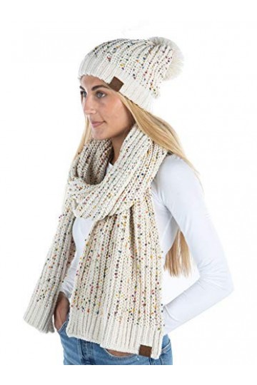 Funky Junque Bonnet ample surdimensionné avec écharpe Infinity assortie, Avoine pom – Confettis chenille, Taille unique