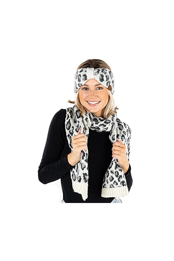 Funky Junque Bonnets et écharpes tricotés en fausse fourrure pour femme Imprimé léopard, Foulard imprimé léopard Ivoire, Tail