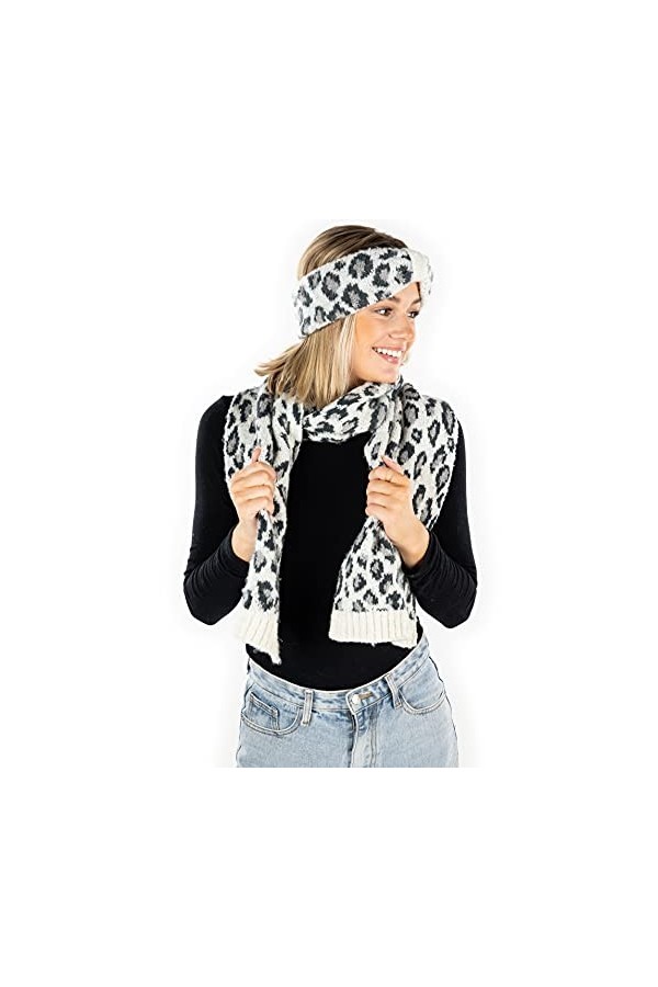 Funky Junque Bonnets et écharpes tricotés en fausse fourrure pour femme Imprimé léopard, Foulard imprimé léopard Ivoire, Tail
