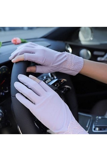 Yoaodpei Gants de crème solaire dété, gant mince de soie de glace dété femme, dentelle élégante, mouflure sans doigts, cond