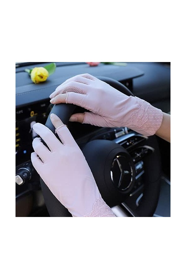 Yoaodpei Gants de crème solaire dété, gant mince de soie de glace dété femme, dentelle élégante, mouflure sans doigts, cond