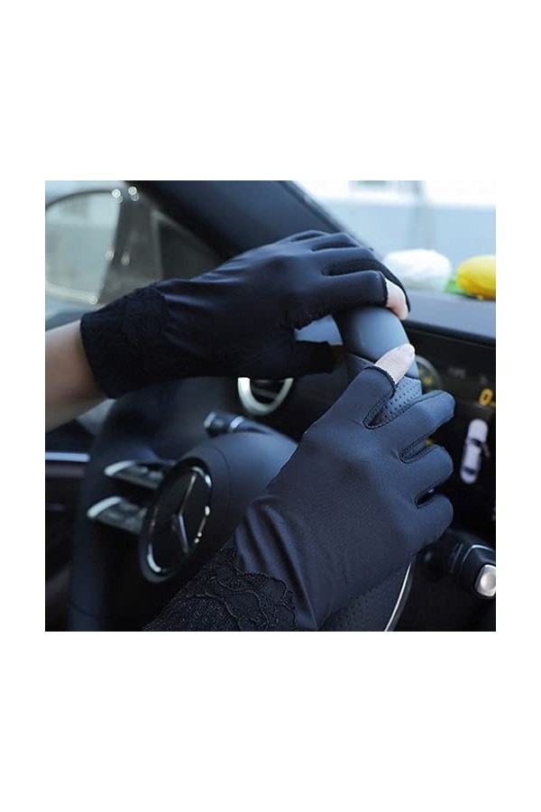 Yoaodpei Gants de crème solaire dété, gant mince de soie de glace dété femme, dentelle élégante, mouflure sans doigts, cond