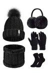 Tuopuda Ensemble Bonnet Écharpe de Doublure Polaire Gants 5 Pièces Tricotés Ensemble de Ski d’Hiver de Femmes Beanie Foulards