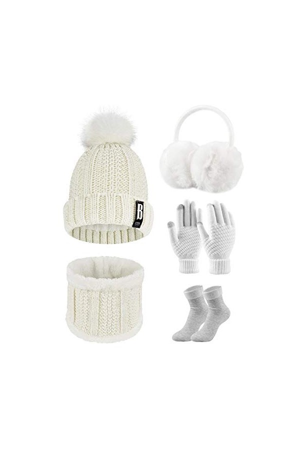 Tuopuda Ensemble Bonnet Écharpe de Doublure Polaire Gants 5 Pièces Tricotés Ensemble de Ski d’Hiver de Femmes Beanie Foulards
