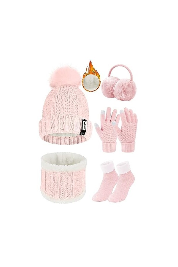 Tuopuda Ensemble Bonnet Écharpe de Doublure Polaire Gants 5 Pièces Tricotés Ensemble de Ski d’Hiver de Femmes Beanie Foulards