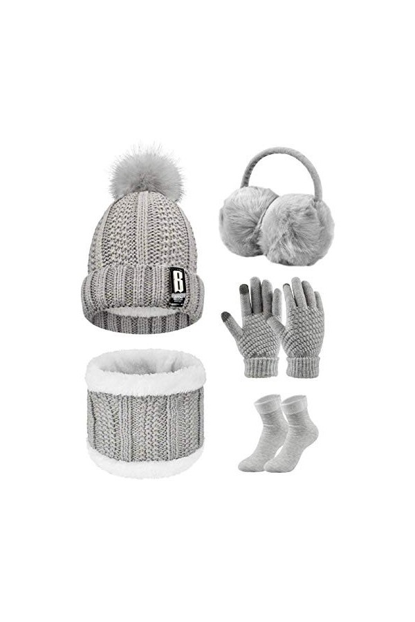 Tuopuda Ensemble Bonnet Écharpe de Doublure Polaire Gants 5 Pièces Tricotés Ensemble de Ski d’Hiver de Femmes Beanie Foulards