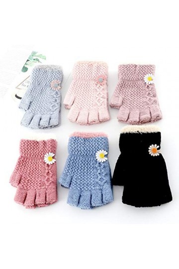 Gants sans Doigts pour Femmes,Gants Mignons Demi-Doigt Marguerite Hiver Gants Chauds en Tricot Extensible sans Doigts pour Fe