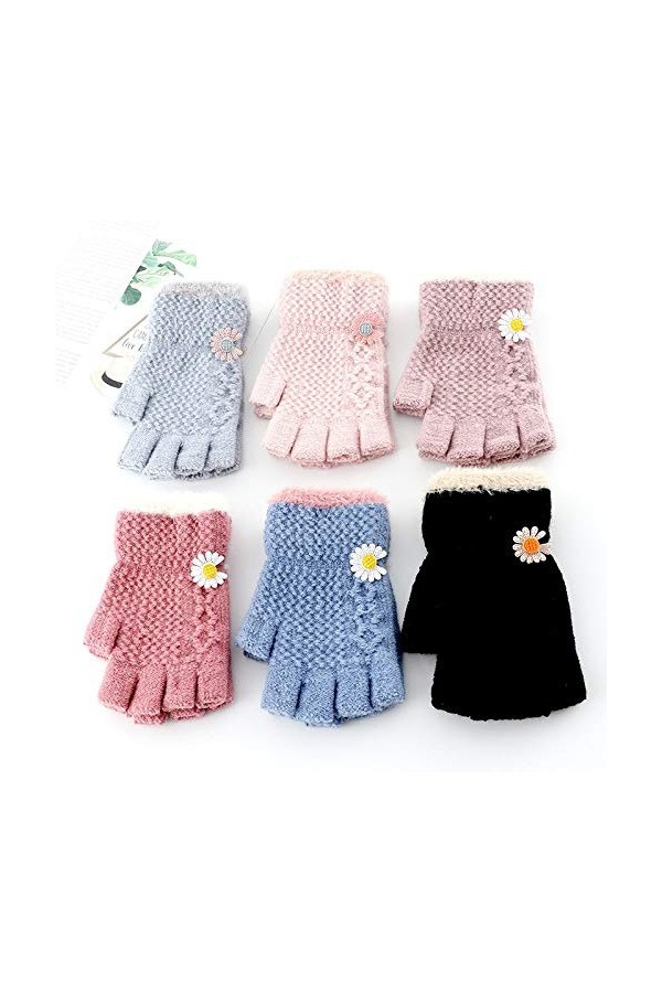Gants sans Doigts pour Femmes,Gants Mignons Demi-Doigt Marguerite Hiver Gants Chauds en Tricot Extensible sans Doigts pour Fe