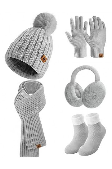 Niwicee Femme Hiver Chaud 5pcs Tricotés Ensemble DHiver Bonnet Gants Oreilles Longue Echarpe Chaussettes Accessoires Chauds 