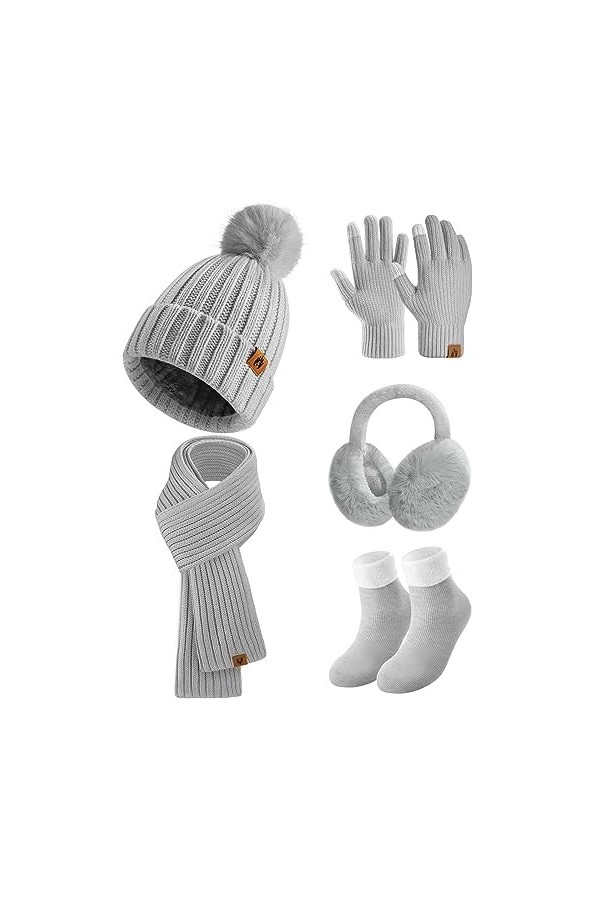 Niwicee Femme Hiver Chaud 5pcs Tricotés Ensemble DHiver Bonnet Gants Oreilles Longue Echarpe Chaussettes Accessoires Chauds 