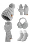 Niwicee Femme Hiver Chaud 5pcs Tricotés Ensemble DHiver Bonnet Gants Oreilles Longue Echarpe Chaussettes Accessoires Chauds 