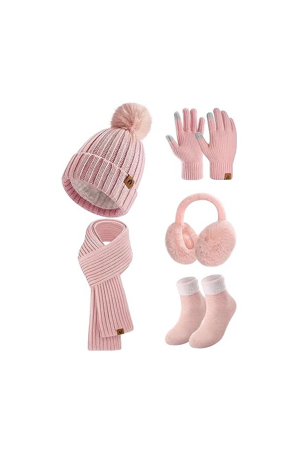 Niwicee Femme Hiver Chaud 5pcs Tricotés Ensemble DHiver Bonnet Gants Oreilles Longue Echarpe Chaussettes Accessoires Chauds 
