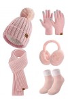Niwicee Femme Hiver Chaud 5pcs Tricotés Ensemble DHiver Bonnet Gants Oreilles Longue Echarpe Chaussettes Accessoires Chauds 