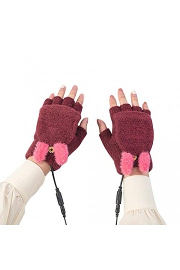 Gants chauffants USB pour lhiver - Mitaines chaudes et mi-doigts pour ordinateur portable - Pour femme - En tricot - Avec pr