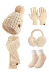 Niwicee Femme Hiver Chaud 5pcs Tricotés Ensemble DHiver Bonnet Gants Oreilles Longue Echarpe Chaussettes Accessoires Chauds 