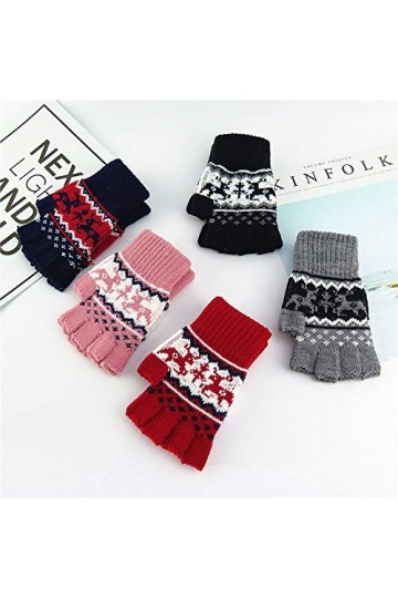 Gants sans Doigts pour Femmes,Mignon Élan Demi-Doigt Gants Hiver Gants Chauds en Tricot Extensible sans Doigts pour Femmes Et