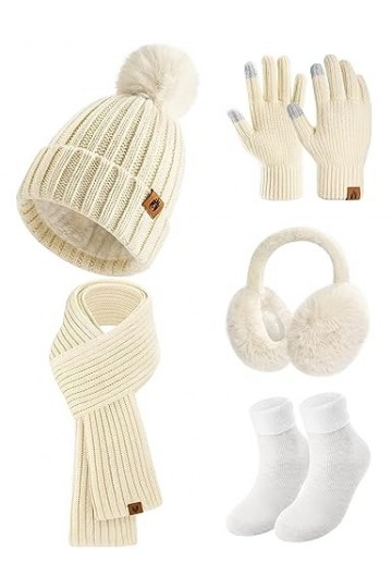 Xnova Femme Chapeau Gants Tactiles Longue Echarpe avec Cache-Oreilles Chaussettes Hiver Chaud, Tricotés Ensemble Bonnet Échar
