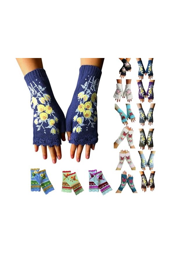 Mitaines pour femme avec broderie florale, chauffe-poignets chauds et doux en tricot pour femmes, mitaines confortables en tr