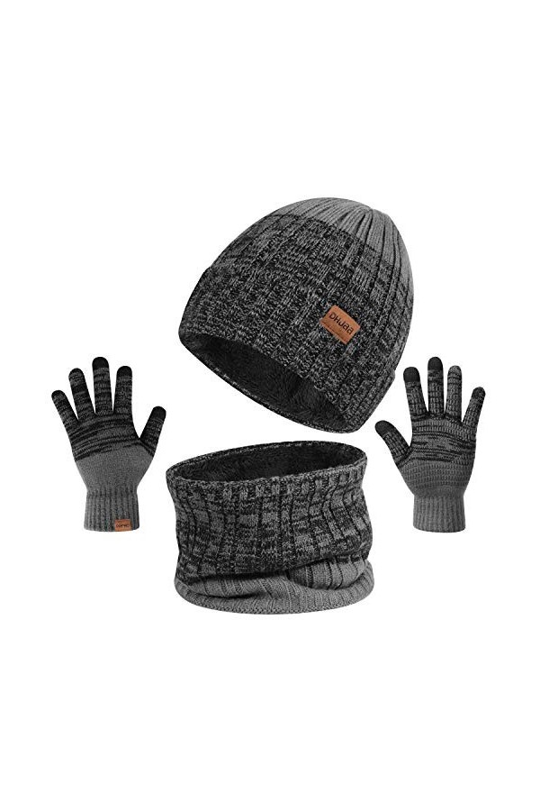 TAGVO 3in1 Bonnet dhiver Bonnet Écharpe Ensemble de Gants pour Homme Femme, Doublure Molleton Doux Chapeau tricoté Chaud Cac