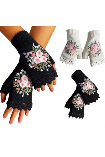Mitaines tricotées vintage brodées florales pour femmes - Gants dhiver brodés à la main - Pour temps froid, Noir , A