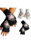 Mitaines tricotées vintage brodées florales pour femmes - Gants dhiver brodés à la main - Pour temps froid, Noir , A