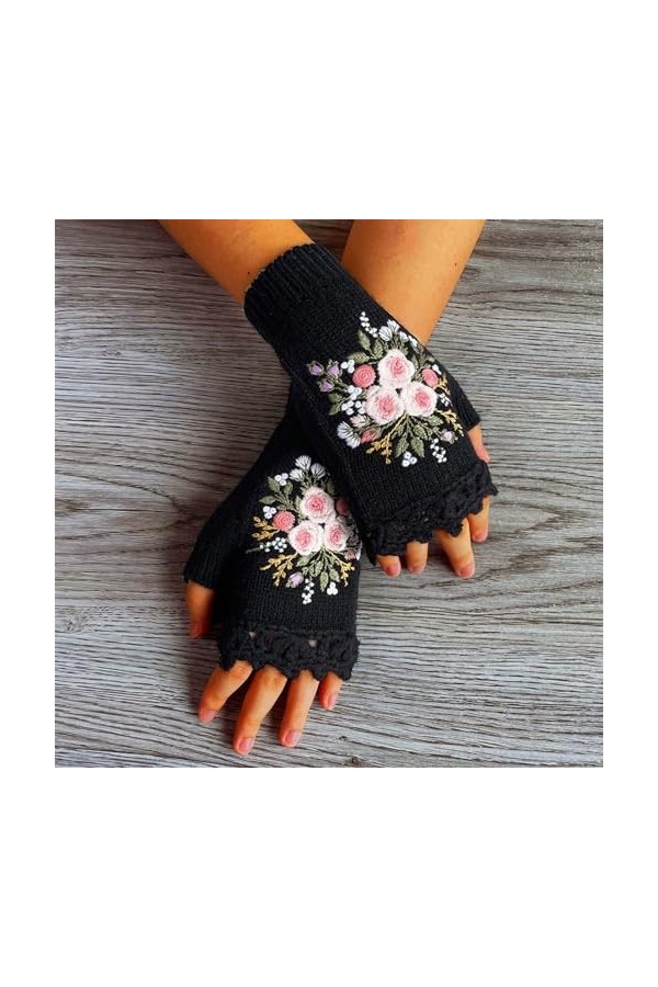 Mitaines tricotées vintage brodées florales pour femmes - Gants dhiver brodés à la main - Pour temps froid, Noir , A