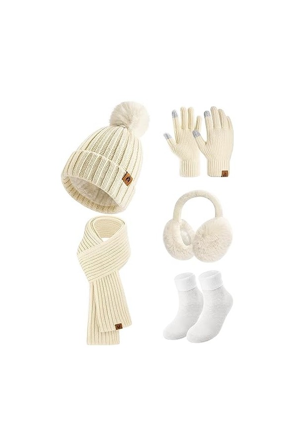 heekpek 5 en 1 Tricotés Ensemble Femme Hiver Bonnet Echarpe Gants décran Tactile Doublure Doux Tricoté Chaud Cache Oreilles 