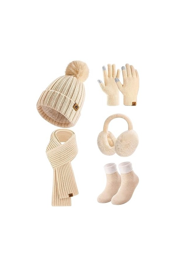 heekpek 5 en 1 Tricotés Ensemble Femme Hiver Bonnet Echarpe Gants décran Tactile Doublure Doux Tricoté Chaud Cache Oreilles 