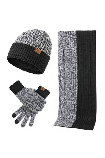 LumiSyne Hiver 3 En 1 Packs Bonnet Tricoté Écharpe Et Gants Homme Femme Mode Simple Jacquard Bicolore Foulard Longue Gants d