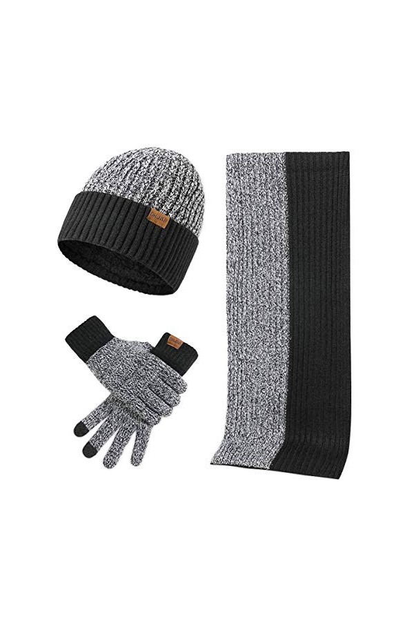 LumiSyne Hiver 3 En 1 Packs Bonnet Tricoté Écharpe Et Gants Homme Femme Mode Simple Jacquard Bicolore Foulard Longue Gants d