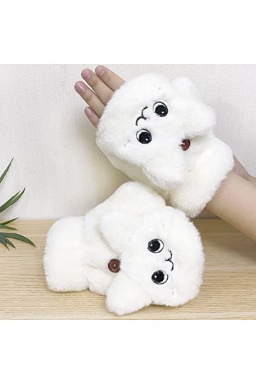 Liyinco Gants sans Doigts Chat Mignon pour Femmes, Gants sans Doigts en Peluche Brodés Chauds dhiver, Gants sans Doigts Chau