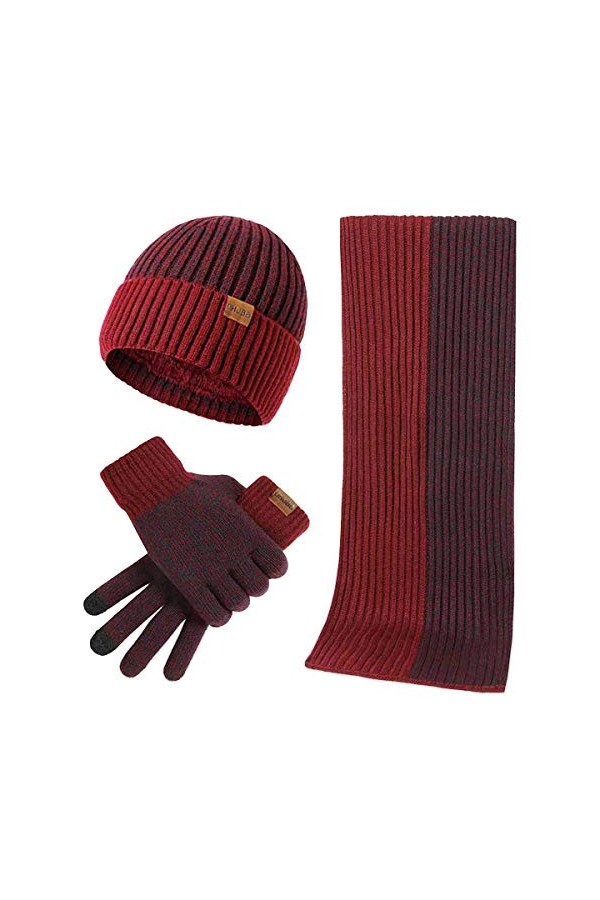 LumiSyne Hiver 3 En 1 Packs Bonnet Tricoté Écharpe Et Gants Homme Femme Mode Simple Jacquard Bicolore Foulard Longue Gants d