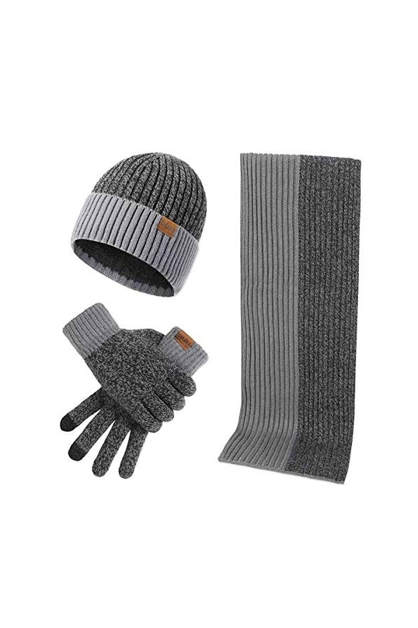 LumiSyne Hiver 3 En 1 Packs Bonnet Tricoté Écharpe Et Gants Homme Femme Mode Simple Jacquard Bicolore Foulard Longue Gants d