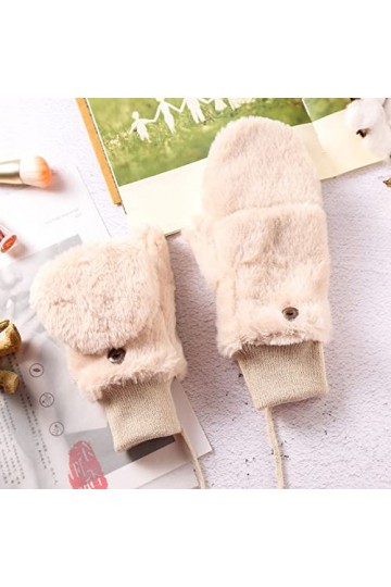Liyinco Gants sans Doigts en Peluche Mignons pour Dames, Gants sans Doigts en Peluche Chauds dhiver, Gants Demi-Doigts de Bu